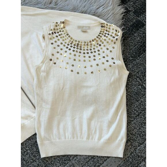 Michael Kors Cream Lined Cardigan And Tank Set W/Gold Zippers & Sequins Large - Picture 3 of 6